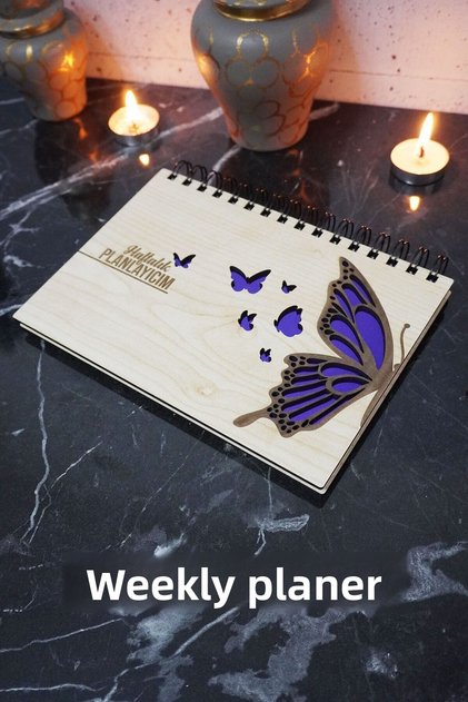 Wooden Infinite Schedule Book with Butterfly Figure - Undate Agenda - Weekly Planner - A5