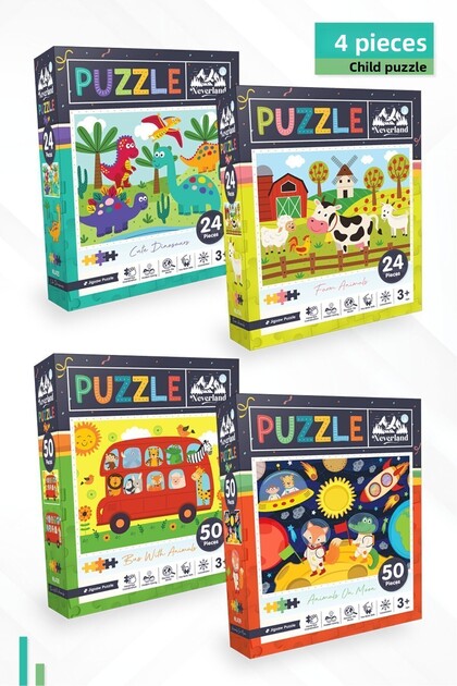 4-Piece Children's Puzzle - 24 P. Cute Dinosaurs and Farm Animals and 50 P. Bus and Moon Animals