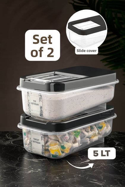 2 Pack 5 Lt Tablet Detergent Storage Box with Sliding Lid - Labeled Detergent Storage Container Anthracite