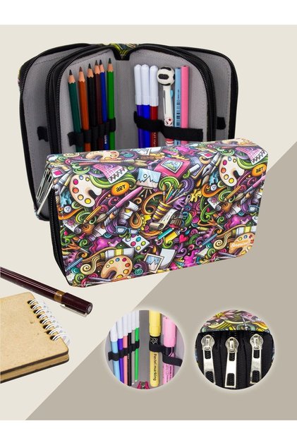 Pencil Case Art Cute Themed Vegan Leather Three Compartments (Pencil Holder)