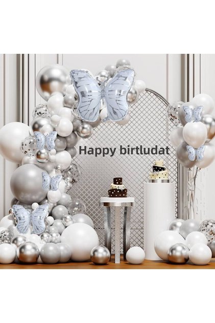White Butterfly Birthday Set with Foil Balloons White Butterfly Birthday Concept