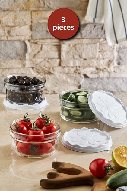 3-piece white daisy patterned plastic lidded breakfast glass bowl - breakfast storage container 415 cc
