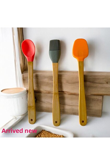 3Pcs 21cm Pastel Color Bamboo Handle Mini Silicone Baking Set, (Spoon, Brush, Spatula)