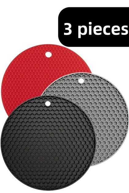 3-Piece Round Silicone Trivets - Black Red Gray