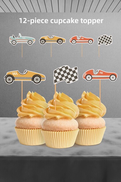 Retro Car Themed 12-Piece Cupcake Ornament (Car Birthday Concept - Birthday Ornament)
