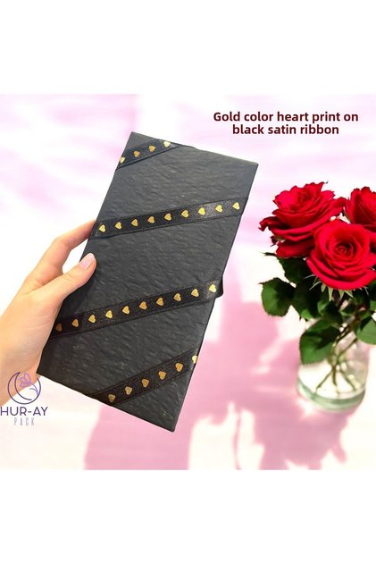 1.5cm Wide - Black Satin Ribbon with Gold Heart Print, 3 Yards