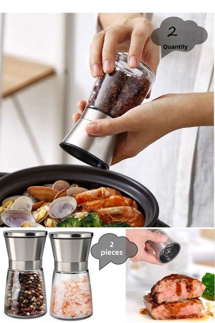 Stainless Steel Glass Pepper and Salt Mill, Salt Grinder Pepper Grinder with Ceramic Blade 2Pcs