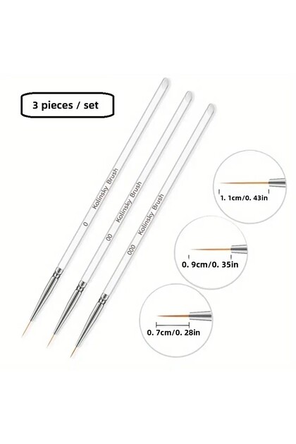 Detail Brush Set: Transparent, Fine-Tipped Brush – Nail Art Brush – Pattern Brush, Gold Brush – 3 Pieces.