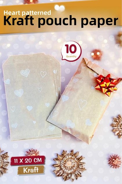 Heart Pattern Paper Bag, Kraft 11X20Cm - 10 Pieces-T1206