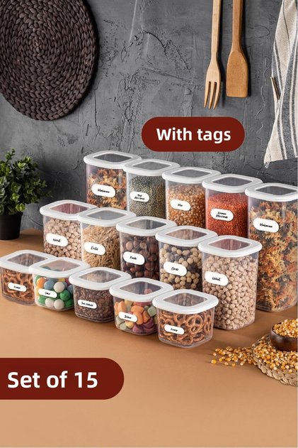 15-Piece Foly Square Food Storage Container Set with Label 5x (0.55 Liters, 1.2 Liters, 1.75 Liters) White