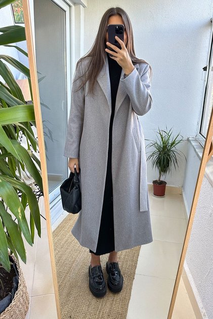Women's Gray Hooded Short Cashmere Coat