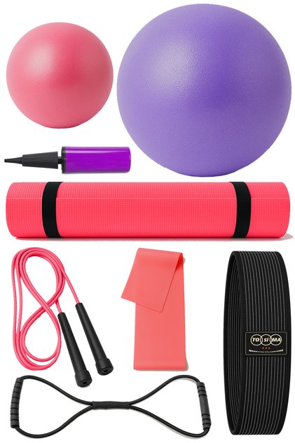 Pilates & Fitness Set – 6mm Pilates Mat, 55cm & 20cm Ball, Jump Rope, Elastic Bands and Pump