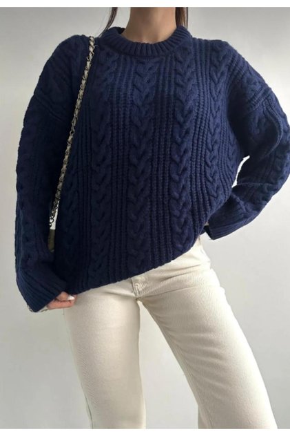 Dgn's Hair Braided Circle Neck Soft Textured Women's Knitwear Sweater