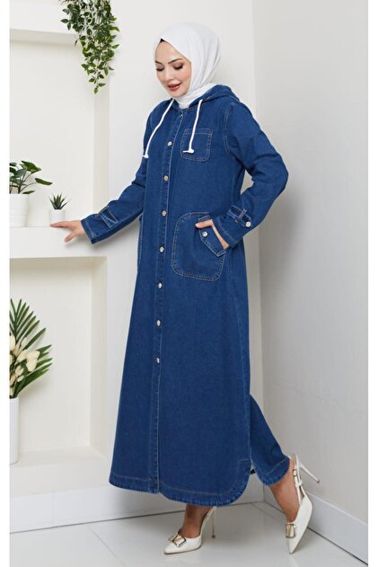 Women's Buttoned Hooded Denim Dark Blue Trench Coat with Pockets