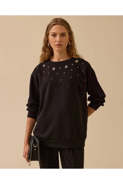 Yuvarlak Yaka Taşlı Sweatshirt