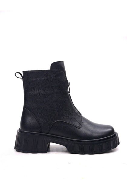 Women's Genuine Real Leather Front Zipper Black Boots