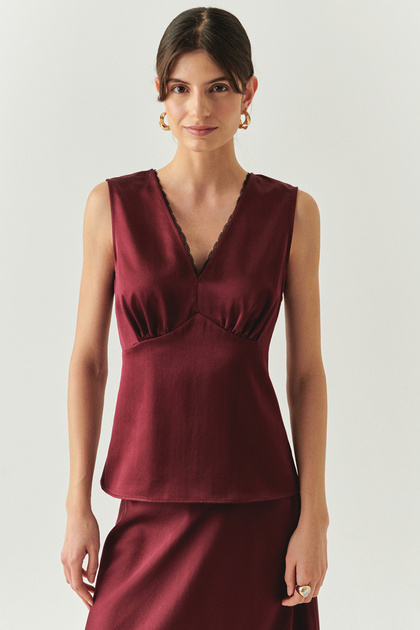 V Neck Slim Fit Satin Look Cherry Blouse