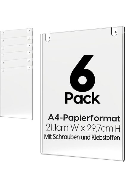 Wall-mounted Acrylic Sign Holders A4 (6 pieces) - Transparent Vertical Frames for Notifications and