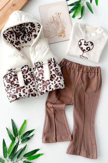 Baby Girl's 3-Piece Set with Leopard Bow Detail and Inflatable Vest - Dark Brown