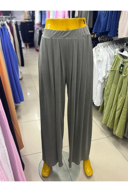 Haki Pileli Bol Paça Likralı Modal Pantolon