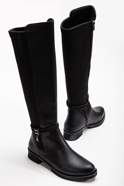 Women's Black Thermo Sole Rope Detailed Back Stretch Zippered Boots