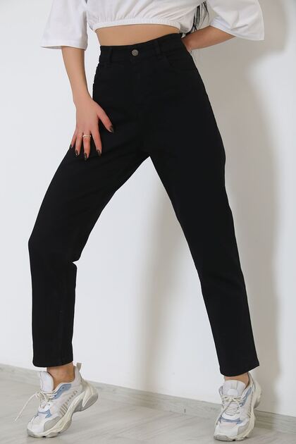 Women's High Waist Boyfriend Mom Jean Pipe Leg Buttoned Jeans Black - 8756