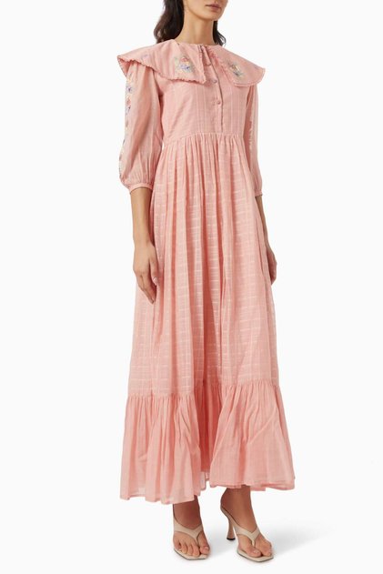 Floral Embroidery Collar Detail Dress - Modern and Stylish Design, Machine Washable
