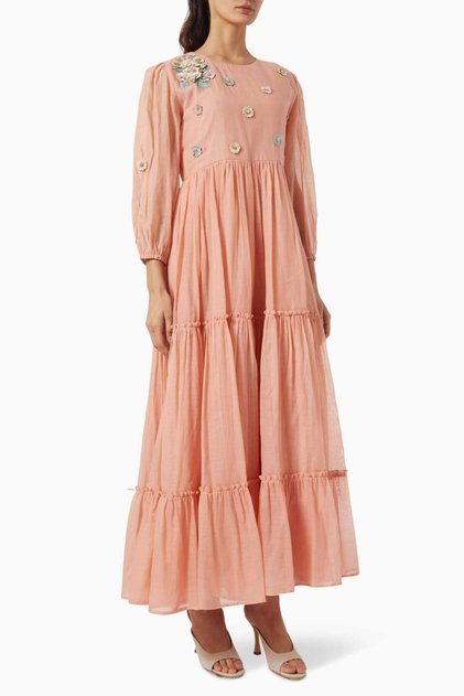 Orange Color Flower Applique Layered Dress - Machine Washable