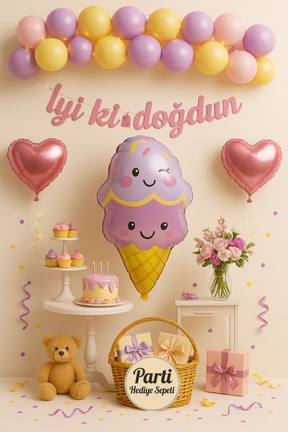 Dondurma Folyo Balon Seti | Doğum Günü Parti Malzemeleri | İyi Ki Doğdun Banner