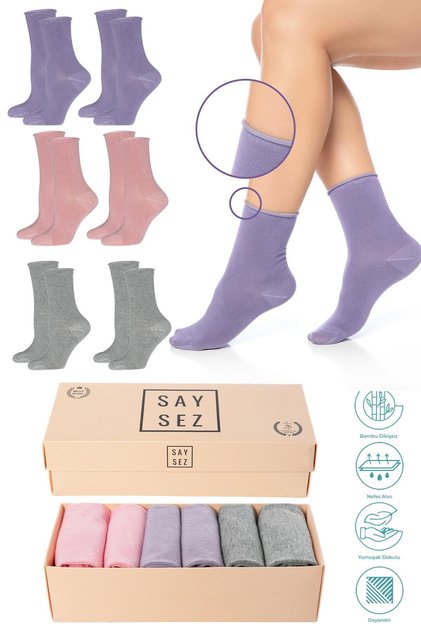 Bamboo Women's Elasticless Gray-Pink-Lilac Socket Seamless Premium Socks Boxed 6-Piece / Does Not Leave Marks / Does Not Tighten