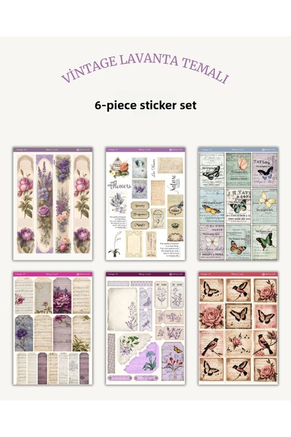 Set of 6 Vintage Lavender Themed Stickers–12X17 cm |   For Bullet Journal, Scrapbook, Agenda, Planner