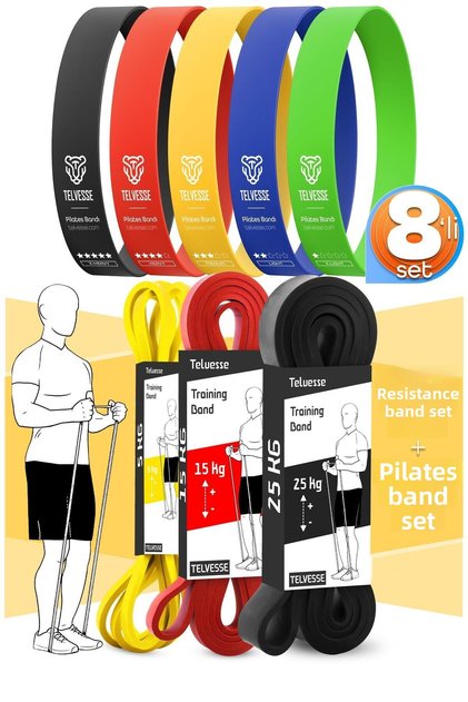 8-Piece Giga Set 5+15+25 kg + 5-Piece Pilates Resistance Band Dangle Rubber Loop Band Mix Tone