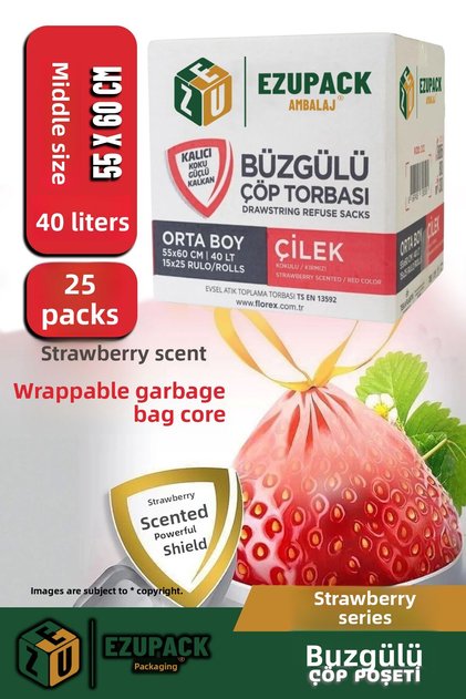 40 Lt (25 Pack) Advantage Package Medium Size Strawberry Scented Drawstring Garbage Bag Garbage Bag 250 Pieces