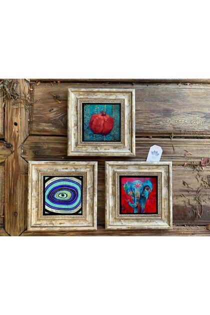Çerçeveli Taş Duvar Dekoru Tablo 3'lü Set 20x20cm Nazar Göz Fil Nar Tablosu
