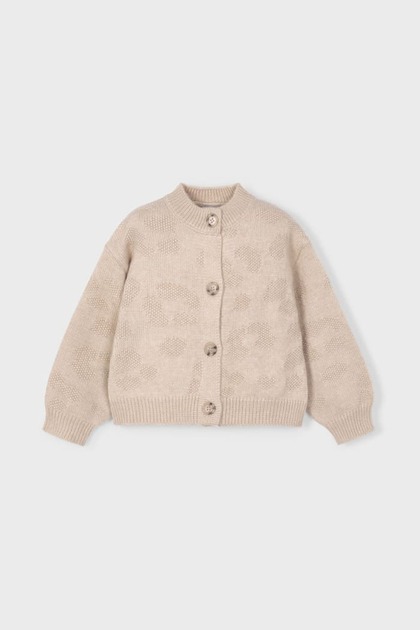 Girl's Balloon Sleeve Jacquard Patterned Knitwear Cardigan - Beige