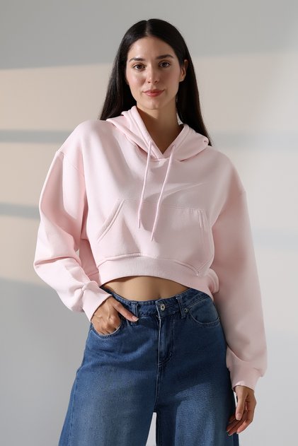 Loose Relaxed Fit Front Oval Cut Hooded Kangaroo Front Pocket Crop Sleeves Wide Women's Sweatshirt 2