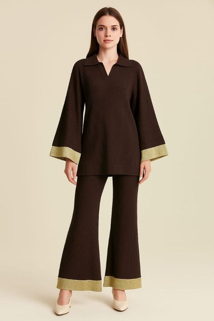 Women's Twill Spanish-Style Pants with Sequin Detail Polo Neck Top and Bottom Set