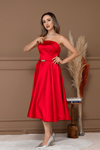 BEYBOS Satin Back Strap Detail Midi Dress - Red- Trendyol