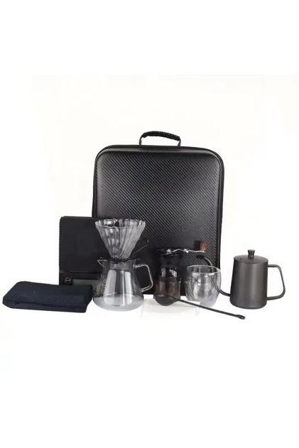 Portable Pour Over Coffee Maker Travel Kit with Carrying Case, Manual Grinder, Glass Server, Black