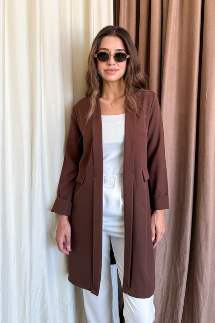 Women's Folded Sleeves Comfortable Fit Dabıl Fabric Long Jacket 9191