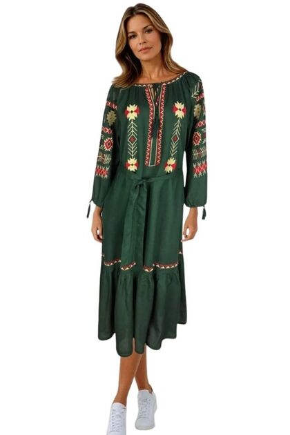 Rochie traditionala dama R25 verde/galben , marimea M