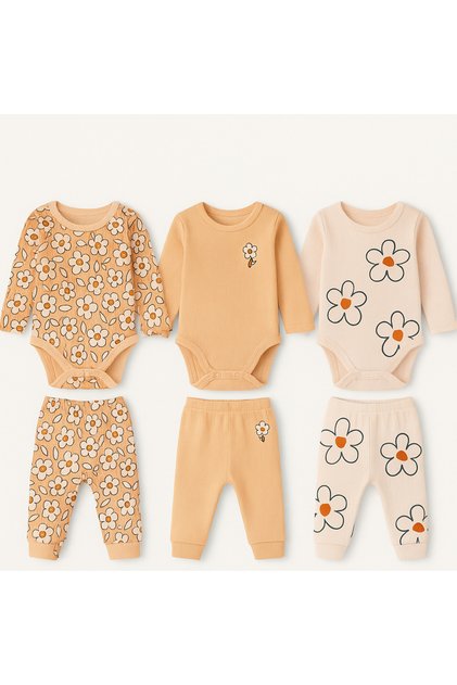 Unisex Girl Boy Baby Patterned Colorful Snapback Body and Bottom 6 Piece Set Newborn Gift