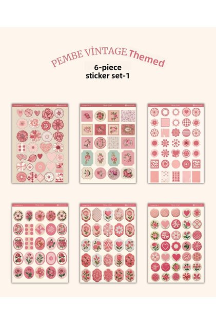 Set of 6 Pink Vintage Themed Stickers–12X17 cm | For Bullet Journal,Scrapbook,Agenda and Planner