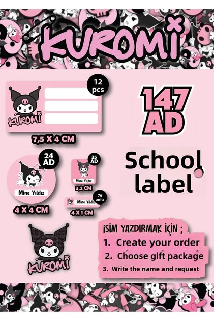 Kuromi School Name Tag Set 147 Pieces (Tear Resistant, Water Resistant) Hologram