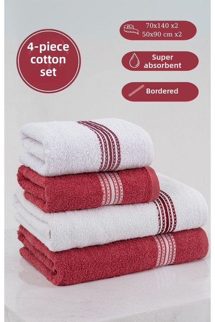 Set de 4 prosoape de baie din bumbac - Elvin 70x140cm X2 / 50x90cm X2 Roșu