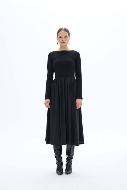 Women's Maxi Length Stretchy Knitted Top Poplin Skirt Stylish Black Dress / Sevde Ugur