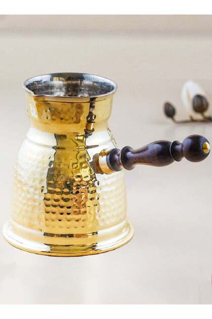 إبريق قهوة تركي نحاسي 12 سم بمقبض خشبي صنع في الهند
