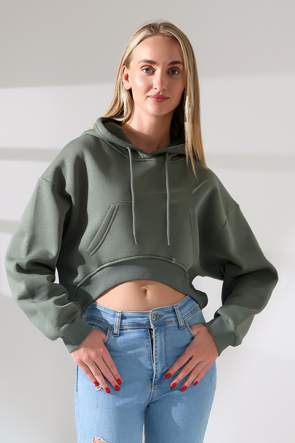 Loose Relaxed Fit Front Oval Cut Hooded Kangaroo Front Pocket Crop Sleeves Wide Women's Sweatshirt 2
