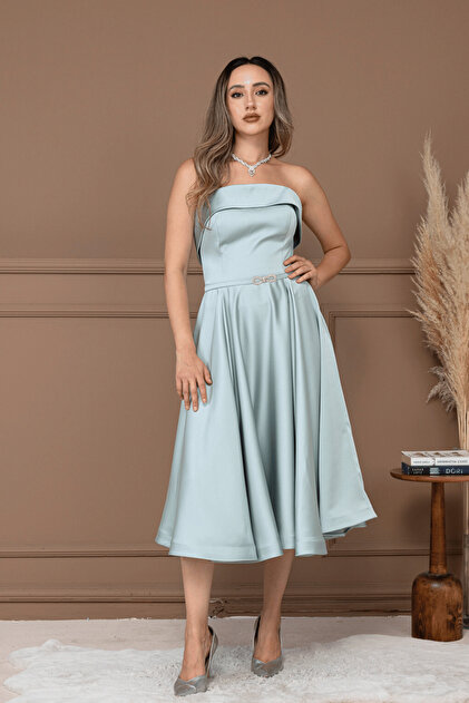 BEYBOS Satin Back Strap Detail Midi Dress - Mint Green- Trendyol