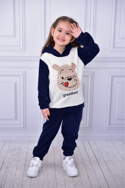 Polar Bear Embroidery Hoodie Winter Long Sleeve Bottom Top Children's Suit